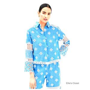 Lightweight Linen Blouse with Geometric Cutout Embroidery and Scalloped Lace